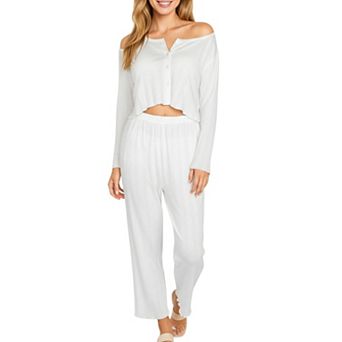 Women's Long Sleeve Button Front Top with Built-In Chest Pads and Relaxed Fit Pants Pajama Set