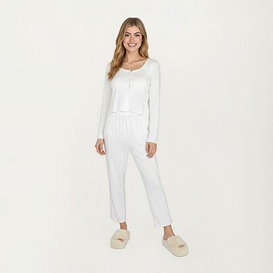 Women's Long Sleeve Button Front Top with Built-In Chest Pads and Relaxed Fit Pants Pajama Set