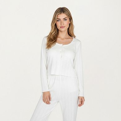 Women's Long Sleeve Button Front Top with Built-In Chest Pads and Relaxed Fit Pants Pajama Set