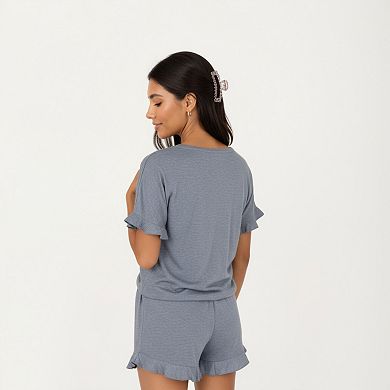 Women's Short Sleeve Ruffle Hem Top and Drawstring Shorts Lounge Set