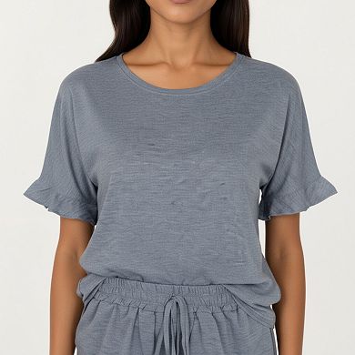 Women's Short Sleeve Ruffle Hem Top and Drawstring Shorts Lounge Set