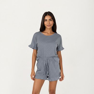 Women's Short Sleeve Ruffle Hem Top and Drawstring Shorts Lounge Set