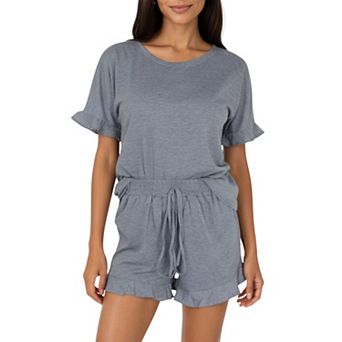 Women's Short Sleeve Ruffle Hem Top and Drawstring Shorts Lounge Set