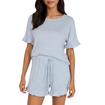 Women's Short Sleeve Ruffle Hem Top and Drawstring Shorts Lounge Set