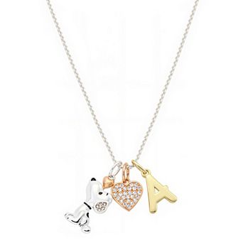 Peanuts Snoopy Silver Plated Cubic Zirconia Heart & Initial Charm Pendant Necklace