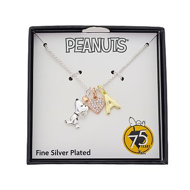 Peanuts Snoopy Silver Plated Cubic Zirconia Heart & Initial Charm Pendant Necklace