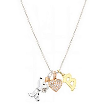 Peanuts Snoopy Silver Plated Cubic Zirconia Heart & Initial Charm Pendant Necklace