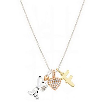 Peanuts Snoopy Silver Plated Cubic Zirconia Heart & Initial Charm Pendant Necklace