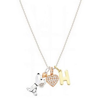 Peanuts Snoopy Silver Plated Cubic Zirconia Heart & Initial Charm Pendant Necklace