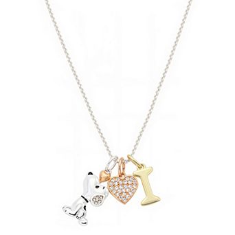 Peanuts Snoopy Silver Plated Cubic Zirconia Heart & Initial Charm Pendant Necklace