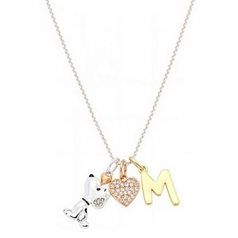 Peanuts Snoopy Silver Plated Cubic Zirconia Heart & Initial Charm Pendant Necklace