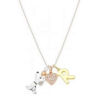 Peanuts Snoopy Silver Plated Cubic Zirconia Heart & Initial Charm Pendant Necklace