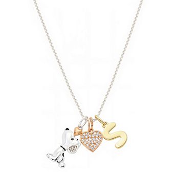 Peanuts Snoopy Silver Plated Cubic Zirconia Heart & Initial Charm Pendant Necklace