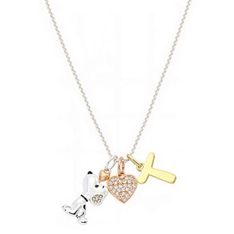 Peanuts Snoopy Silver Plated Cubic Zirconia Heart & Initial Charm Pendant Necklace