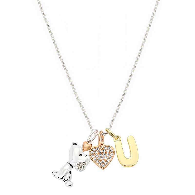 Peanuts Snoopy Silver Plated Cubic Zirconia Heart & Initial Charm Pendant Necklace, Women's, 