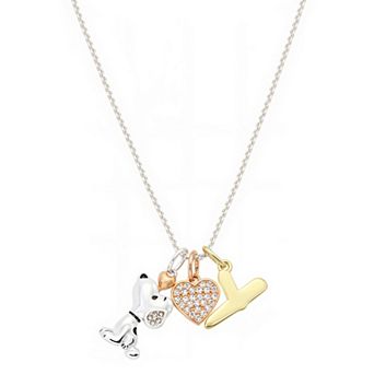 Peanuts Snoopy Silver Plated Cubic Zirconia Heart & Initial Charm Pendant Necklace