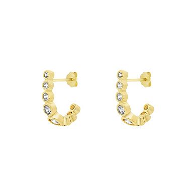 PRIMROSE 14k Gold Flash Plated Graduated Bezel Cubic Zirconia J Hoop Earrings