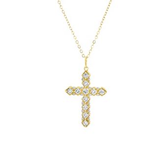 PRIMROSE 14k Gold Flash Plated Beaded Cubic Zirconia Cross Sparkle Cable Chain Pendant Necklace