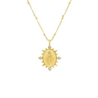 PRIMROSE 14k Gold Flash Plated Virgin Mary Medallion Cubic Zirconia Accent Pendant Necklace on Bead Singapore Chain