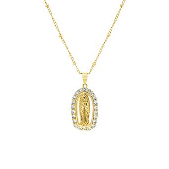 PRIMROSE 14k Gold Flash Plated Cubic Zirconia Virgin Mary Medallion Pendant Necklace on Bead Singapore Chain