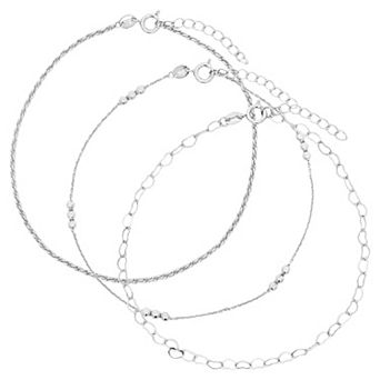 PRIMROSE 3 pc Fine Silver Plated Rope, Beaded & Heart Link Chain Cubic Zirconia Accent Anklet Set