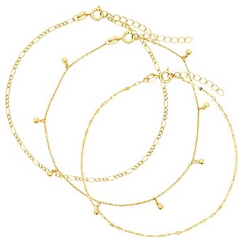PRIMROSE 3 pc 14k Gold Flash Plated Figaro, Beaded & Butterfly Chain Cubic Zirconia Accent Anklet Set
