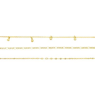 PRIMROSE 3-Piece 14k Gold Flash Plated Figaro, Beaded & Butterfly Chain Cubic Zirconia Accent Anklet Set