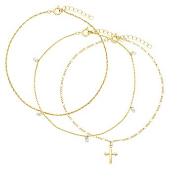 PRIMROSE 3 pc 14k Gold Flash Plated Cross & Cubic Zirconia Station Anklet Set