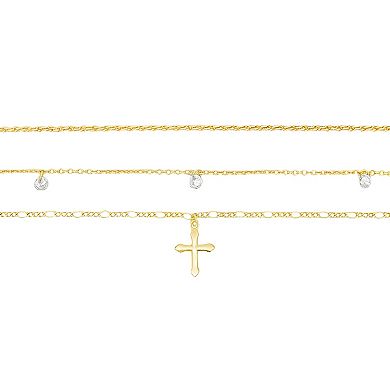 PRIMROSE 3-Piece 14k Gold Flash Plated Cross & Cubic Zirconia Station Anklet Set