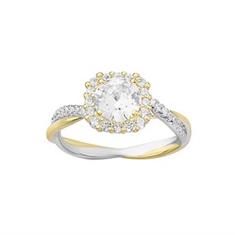 PRIMROSE Two Tone Cubic Zirconia Cushion Halo Twist Band Ring