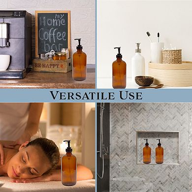 Refillable Amber Glass Soap Dispensers with Pumps, 16oz Bottles, 2-Pack