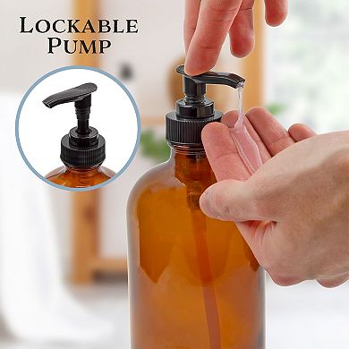 Refillable Amber Glass Soap Dispensers with Pumps, 16oz Bottles, 2-Pack