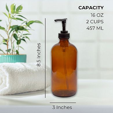 Refillable Amber Glass Soap Dispensers with Pumps, 16oz Bottles, 2-Pack