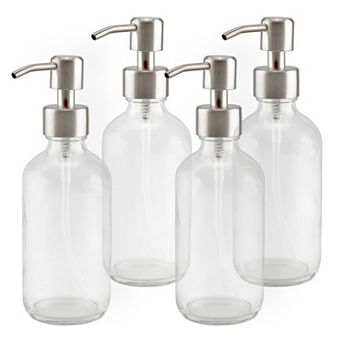 8oz. Clear Glass Dispensers (4-Pack), with Stainless Steel Pumps for Soap or Lotion