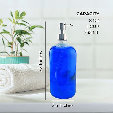 8oz. Clear Glass Dispensers (4-Pack), with Stainless Steel Pumps for Soap or Lotion