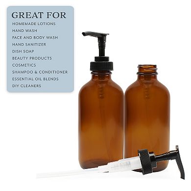 8oz. Amber Glass Dispenser Bottles (4-Pack), with Black Pumps for Lotion or Soap