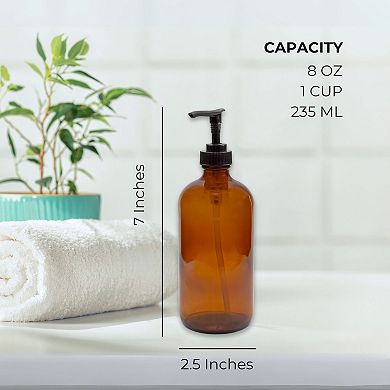 8oz. Amber Glass Dispenser Bottles (4-Pack), with Black Pumps for Lotion or Soap