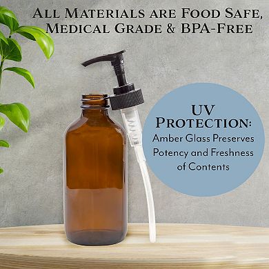 8oz. Amber Glass Dispenser Bottles (4-Pack), with Black Pumps for Lotion or Soap