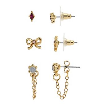 LC Lauren Conrad 3-Pair Stud, Bow and Chain Drop Earring Set
