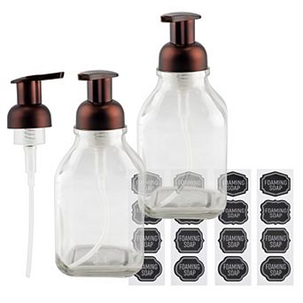 16oz. Square Glass Foaming Dispensers (2-Pack), Clear Bottles with Bronze Pumps