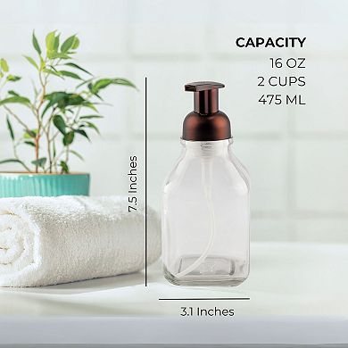 16oz. Square Glass Foaming Dispensers (2-Pack), Clear Bottles with Bronze Pumps