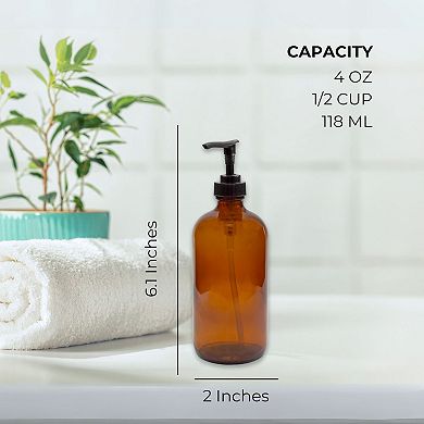 4oz. Amber Glass Dispenser Bottles (4-Pack), with Black Pumps for Soap or Lotion