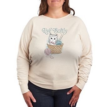 Plus Size Live Softly Crochet Kitten French Terry Long Sleeve Tee