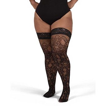 Women's Net Swirl-Pattern Lace-Top Plus Size Thigh High Stockings