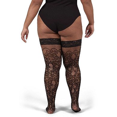 Women's Net Swirl-Pattern Lace-Top Plus Size Thigh High Stockings