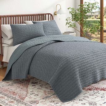 100% Cotton Honeycomb Waffle Garment Washed Quilt and Sham Set