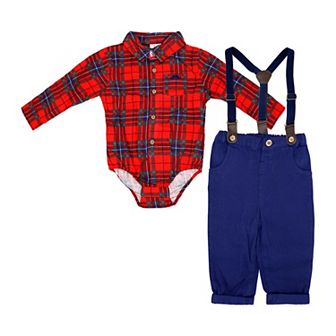 Little Gent Toddler Boys 4 pc Red Plaid Suspender and Bowtie Set