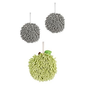 3 pc Soft Absorbent Fluffy Chenille Ball Hand Towels, Fuzzy Decorative Towel with Wall Hook 6"x6"