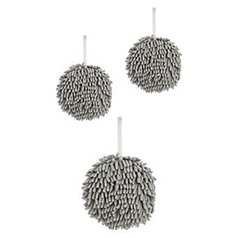 3 pc Soft Absorbent Fluffy Chenille Ball Hand Towels, Fuzzy Decorative Towel with Wall Hook 6"x6"