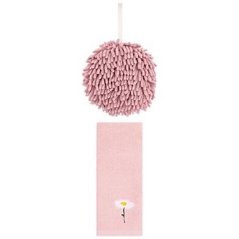 2 pc Absorbent Fluffy Chenille Ball Hand Towel and Floral Cotton Hand Towel Set 6"x6"&13"x30"